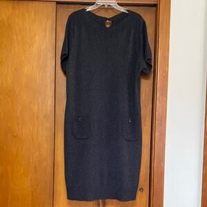 Jones Studio Charcoal Knit Mini Dress Short Sleeves Pockets Buttons Cotton 41”